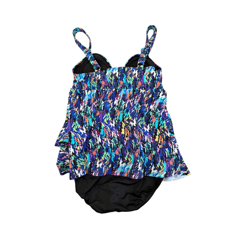 Swim Solutions Blue Abstract‎ Tiered Ruffle One Piece Swimsuit Size 8 NEW - Picture 3 of 5